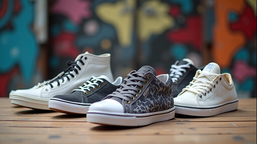 Sneaker koleksiyonu ahşap zeminde gösterilmiş, arka planda sokak sanatı, çeşitli markaları temsil eden ayakkabılar
