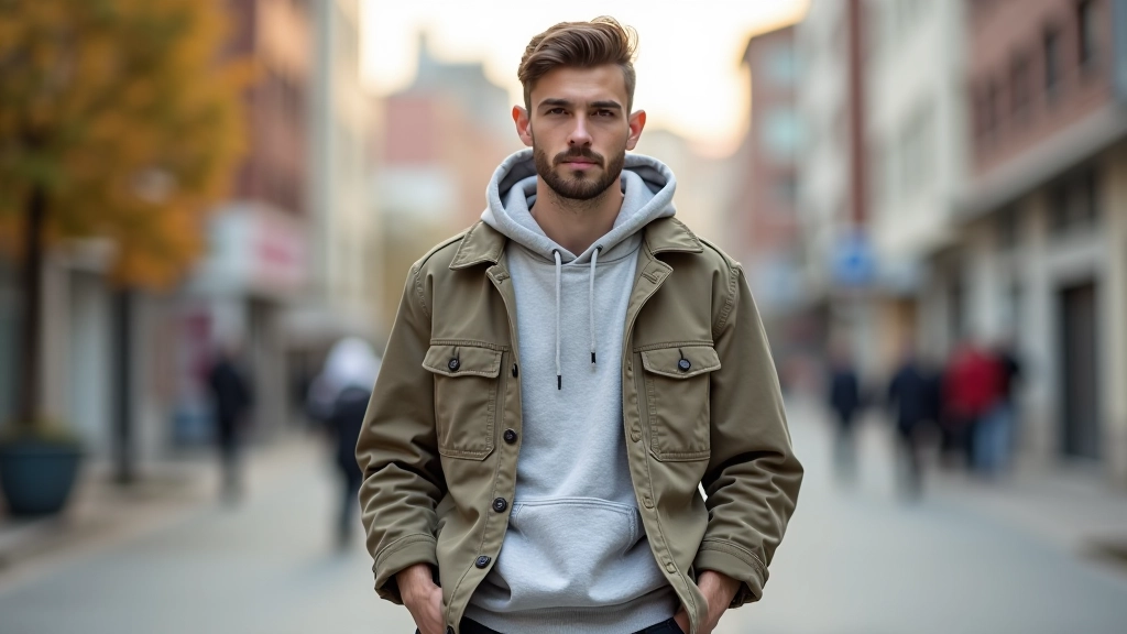 Ankara'da sokak stilinde erkek, açık gri hoodie, vintage ceket, siyah çizgili tişört kombinasyonu