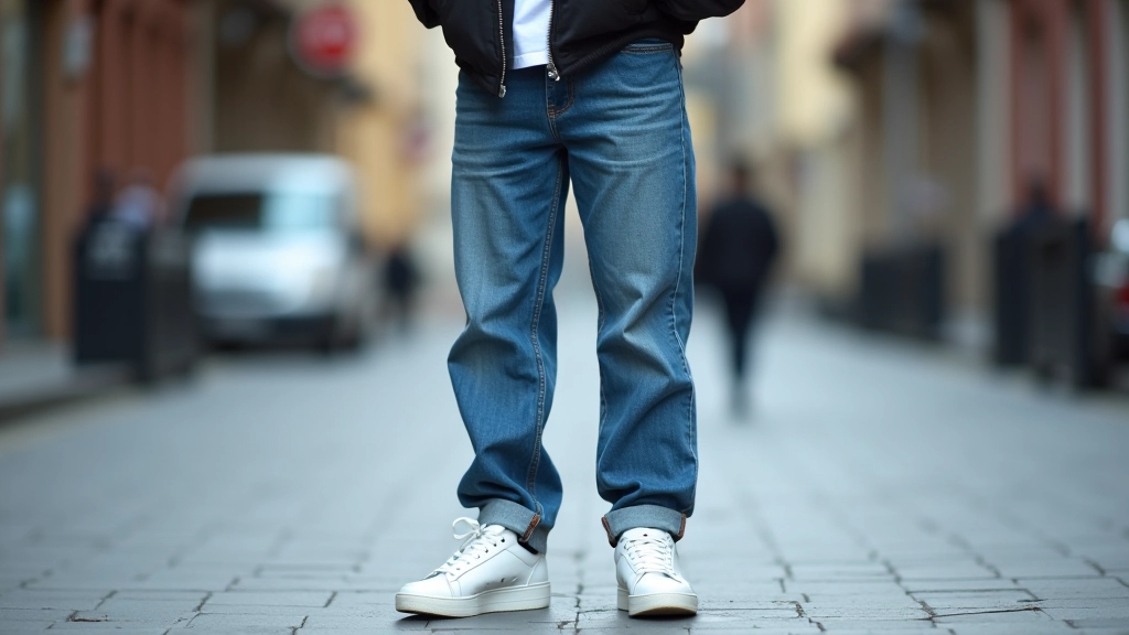 Sokak stilinde vintage jean ve klasik sneaker kombinasyonu, sokak sanatı arka planında