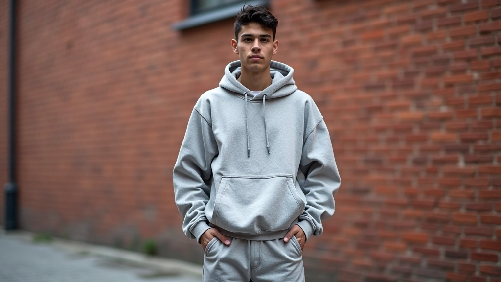 Oversize hoodie ve gri pantolon kombinasyonu, gençlik portresi, sokak stilinde duruş