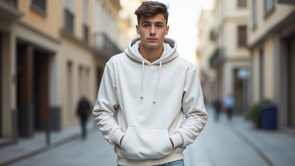 Genç adam İstanbul'da mevsim geçişi kombinasyonu, açık renk hoodie, açık denim, beyaz sneaker