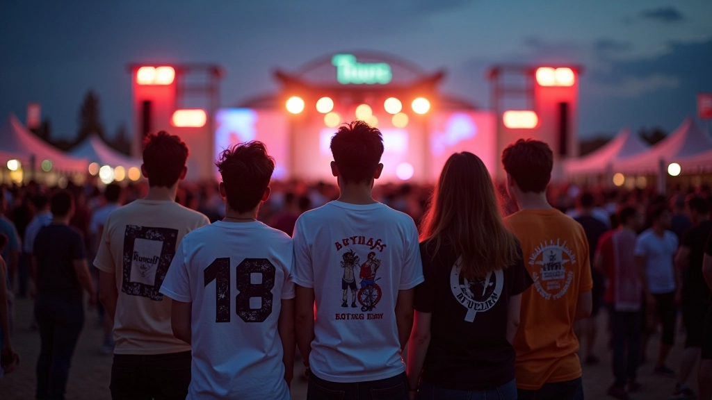 Müzik festivali sahnesinde gençler, çeşitli grafik baskılı tişörtler giymiş, sceneyi takip etme pozisyonlarında, gece konseri ışıklandırması