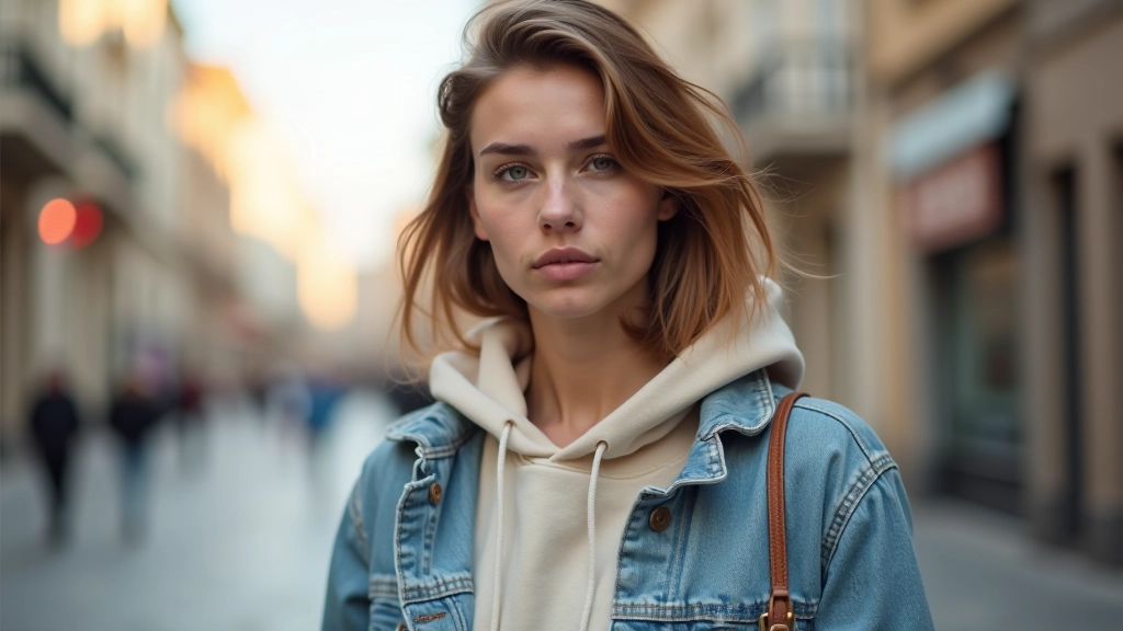 İstanbul'da genç kadın katmanlı güz kombinasyonu, açık renk hoodie, denim ceket, stil aksesuar